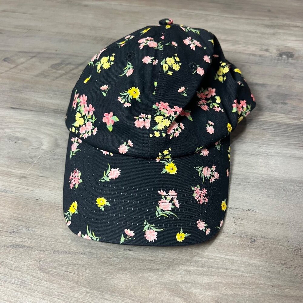 Floral Print Black Cap With Adjustable Strap For Women & Teens
